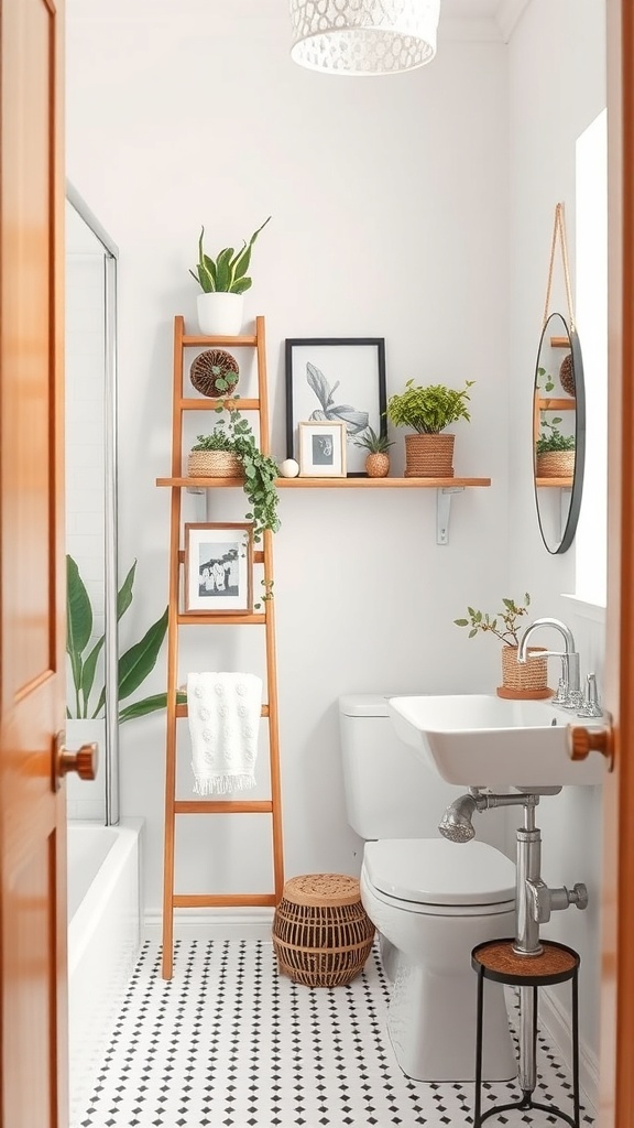 A stylish bathroom featuring wooden ladder shelves with plants and decorations