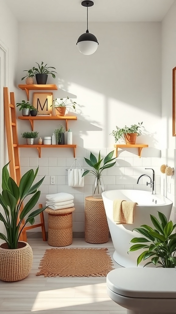 A bright bathroom featuring wooden ladder shelves with plants and towels.