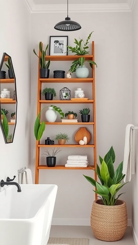 Ladder shelf in a modern bathroom with plants and decorative items.
