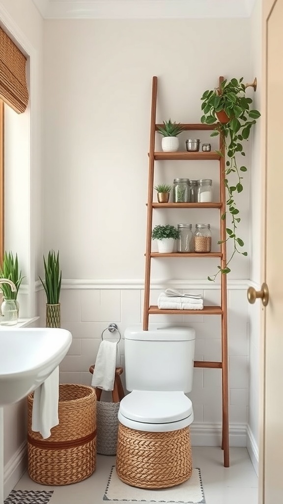A small bathroom featuring a wooden ladder shelf with plants and storage jars, alongside a toilet and woven baskets.