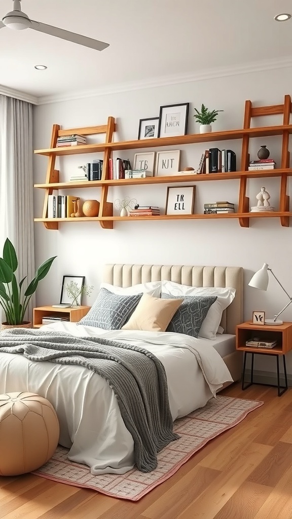 A cozy bedroom featuring wooden ladder shelves displaying books and decorative items.