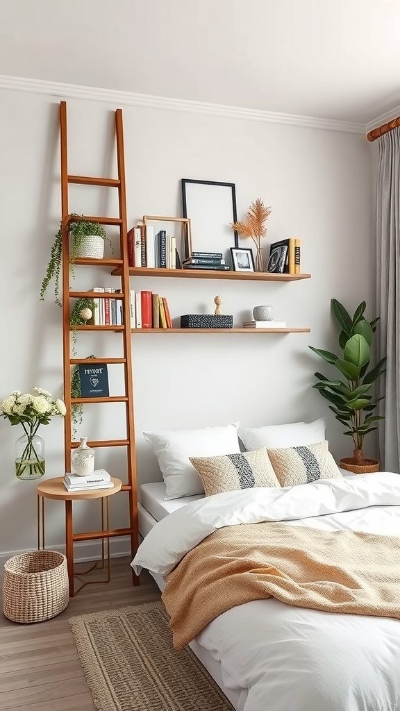 A cozy small bedroom featuring a wooden ladder shelf with books and decorative items, complemented by soft bedding and plants.