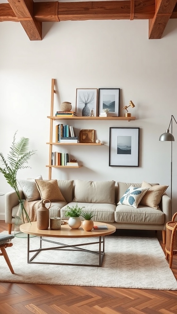 A cozy living room featuring a stylish ladder shelf with books and decor, complemented by a comfortable sofa.