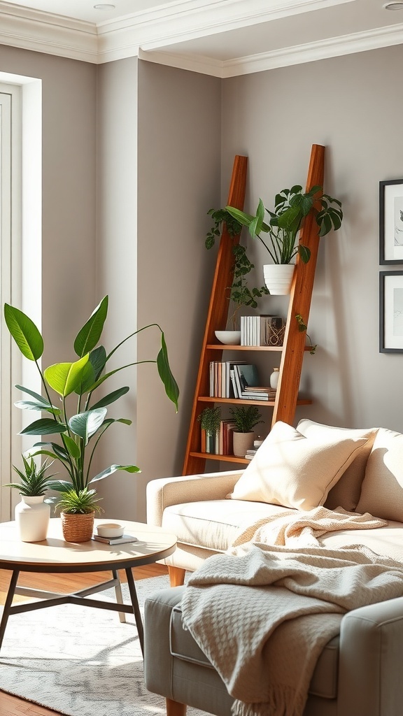 A cozy living room featuring a wooden ladder style corner shelf with plants and books, alongside a comfortable sofa and coffee table.