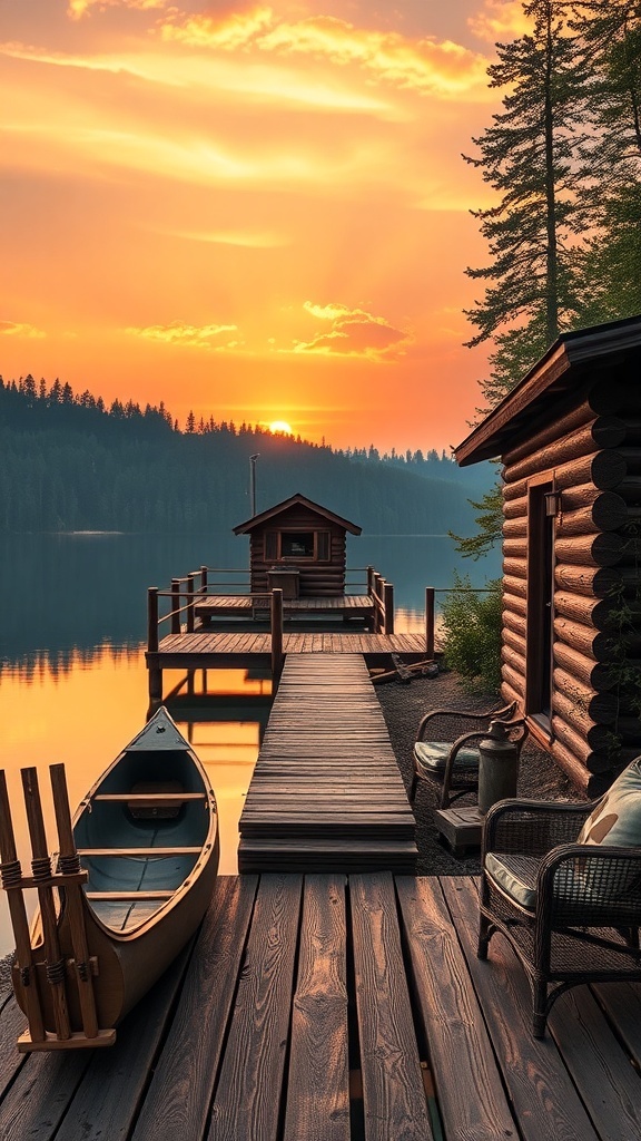 A cozy cabin by the lake at sunset, with a wooden dock and a canoe.