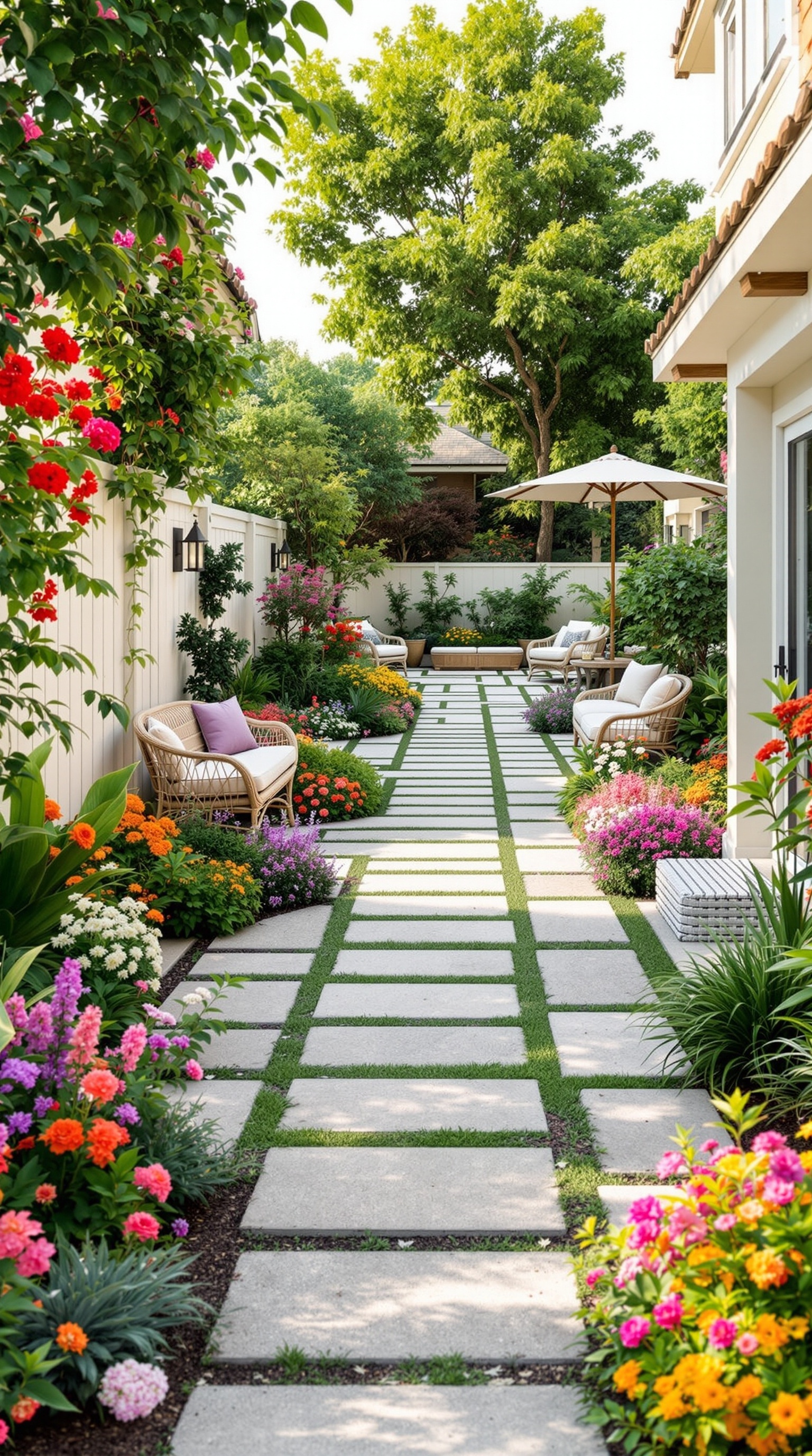 A landscaped pathway in a family compound with colorful flowers, greenery, and seating areas.