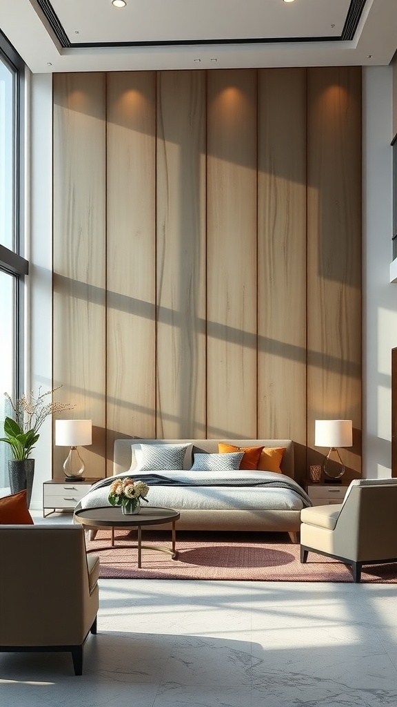 A modern bedroom featuring a large wooden wall with soft lighting, a bed with decorative pillows, and stylish chairs.