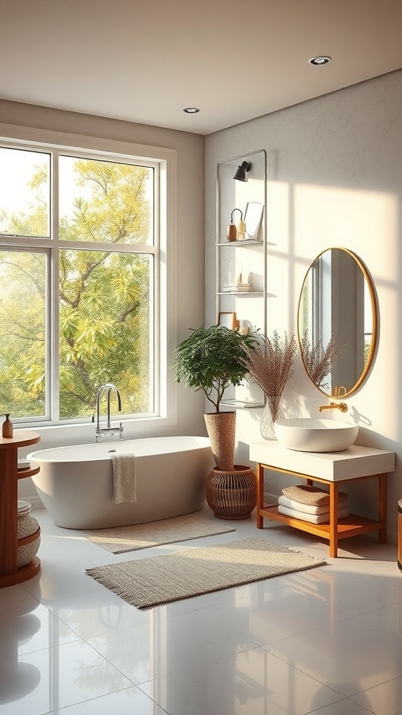 A modern bathroom with large windows, a freestanding bathtub, and natural decor.