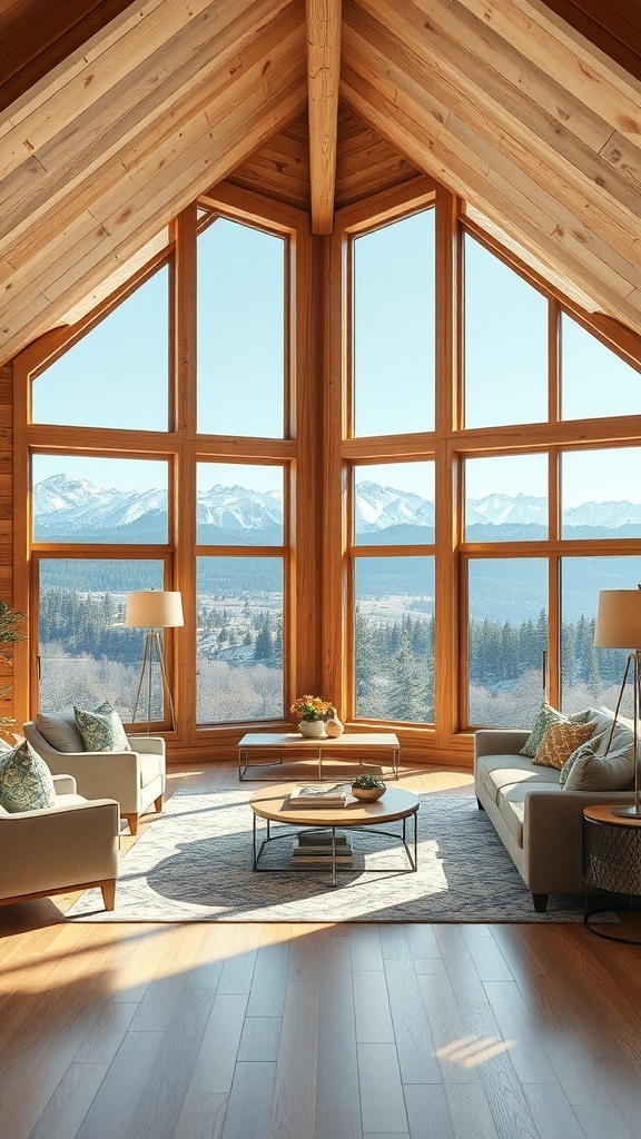 Cozy cabin living room with large windows showcasing scenic mountain views.