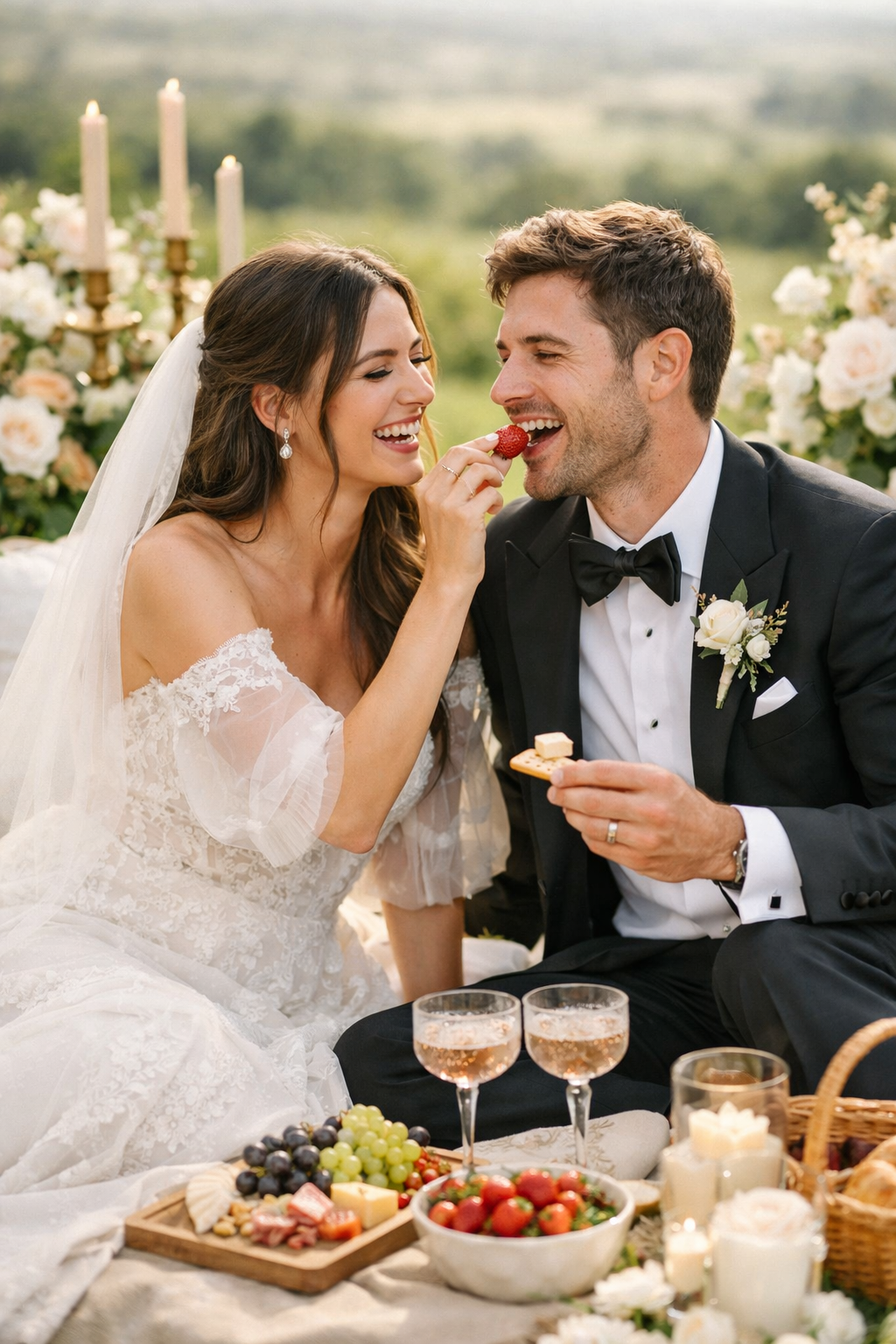 A couple sharing a strawberry during their picnic engagement photos, surrounded by snacks and flowers.