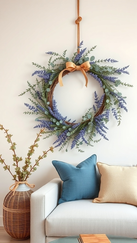 A lavender and eucalyptus wreath hanging on a wall, with a cozy couch and decorative pillows in the foreground.