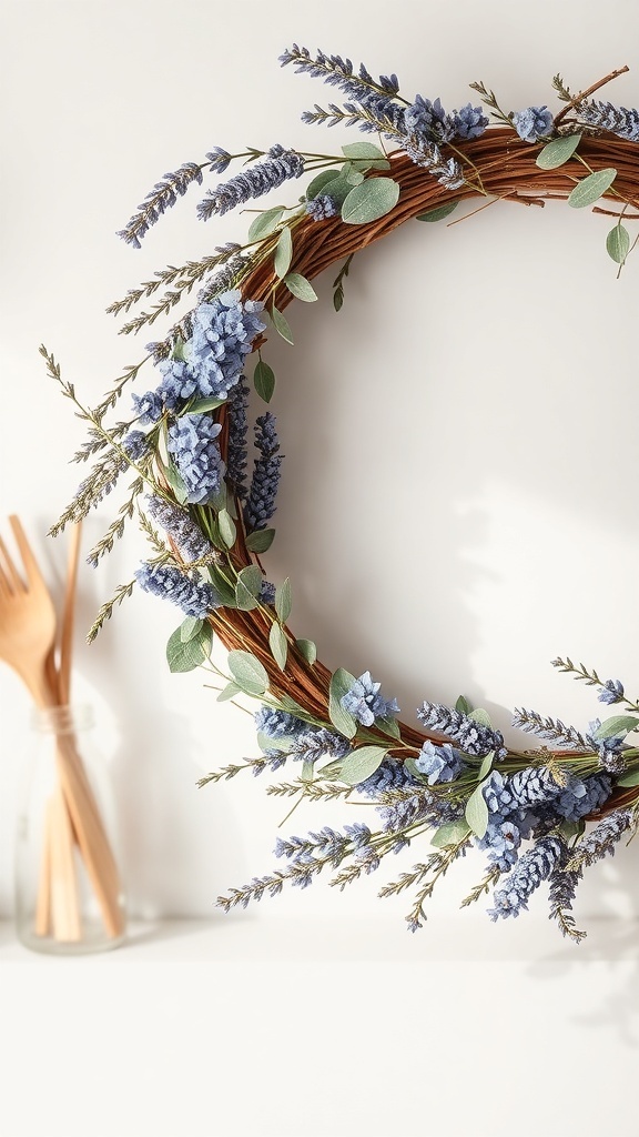 A lavender and sage wreath with purple flowers and green leaves on a wooden background.