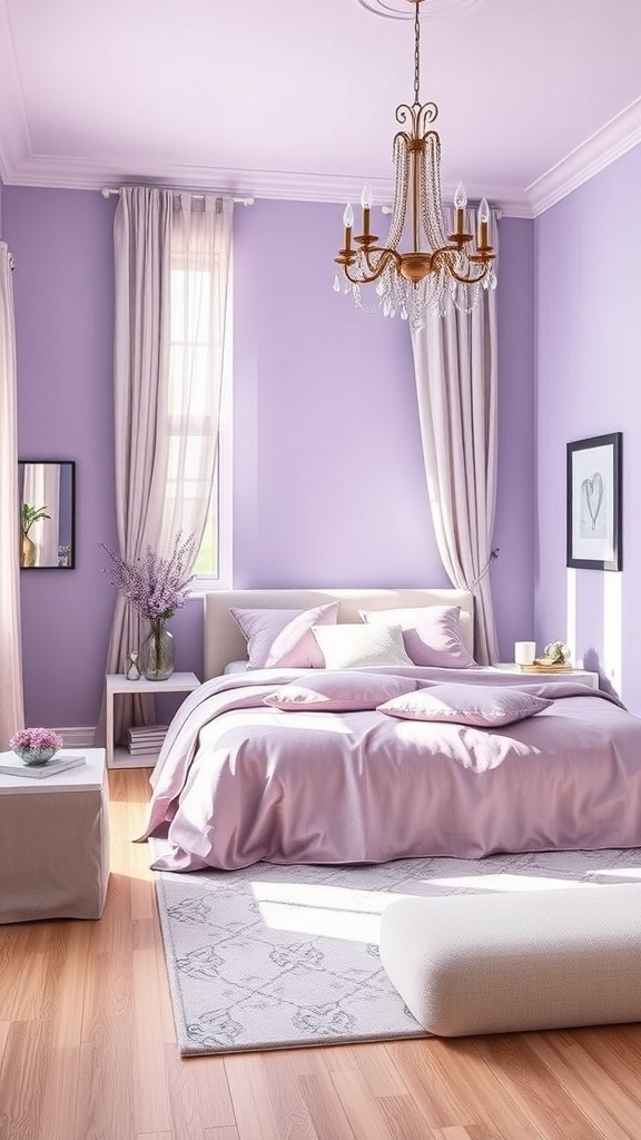 A romantic purple bedroom with lavender walls, soft bedding, and elegant decor.