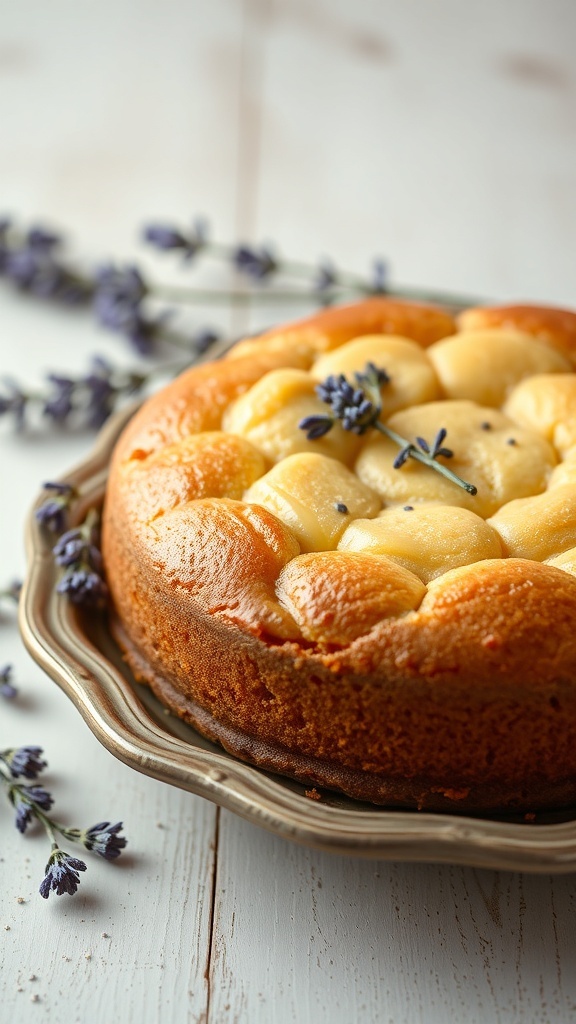 A beautifully decorated lavender honey cake on a plate with lavender sprigs