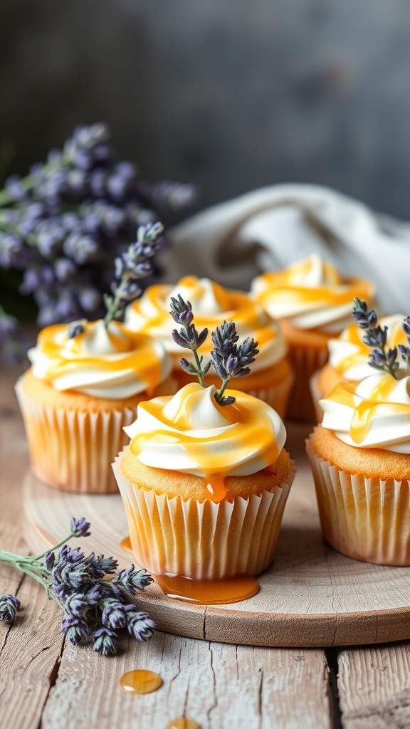 Lavender Honey Cupcakes topped with white frosting and honey drizzle, garnished with lavender sprigs