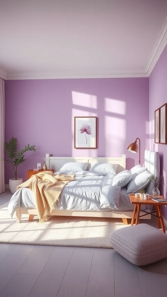 A calming bedroom with lavender walls, light bedding, and natural light.