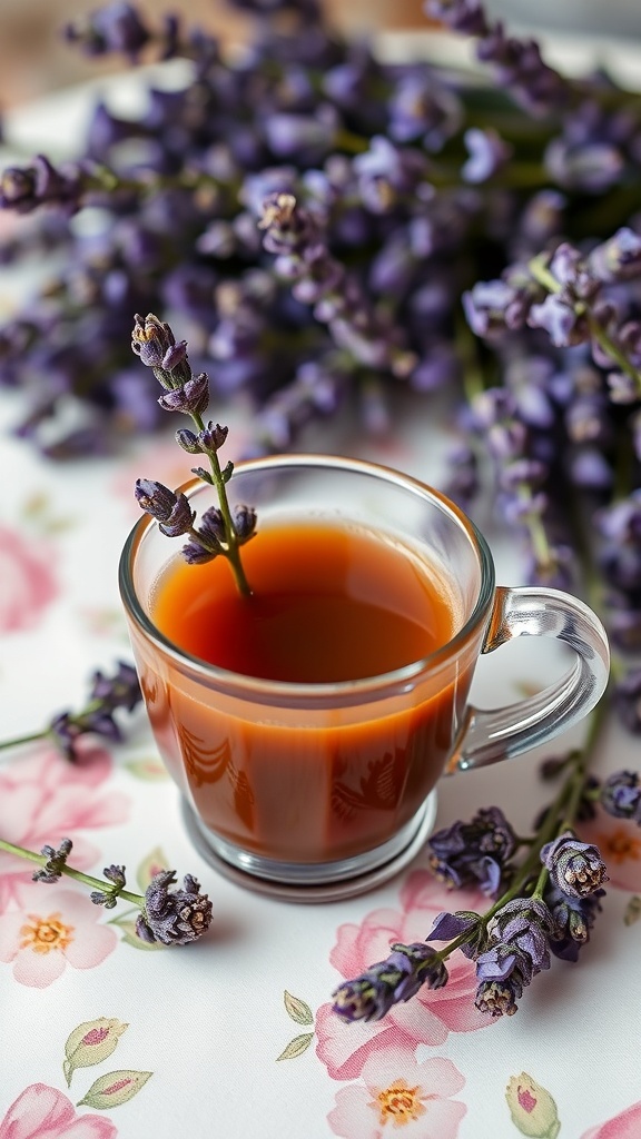 A glass of lavender-infused coffee with lavender sprigs in the background.