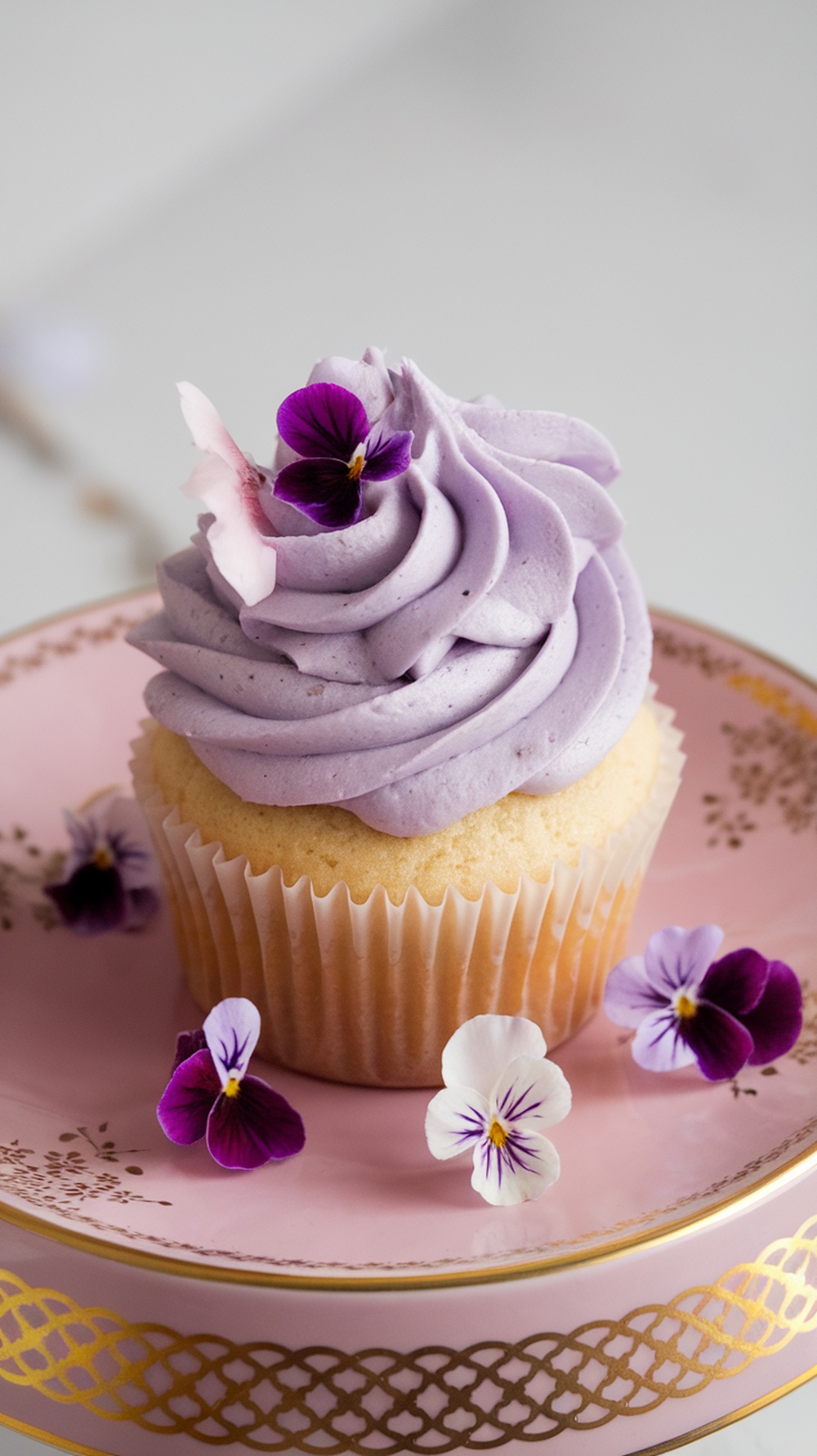 Lavender infused vanilla cupcake with purple frosting and edible flowers on a pink plate