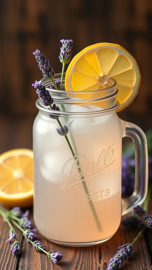 A refreshing Lavender Lemonade Spritzer in a mason jar, garnished with lavender sprigs and a lemon slice.