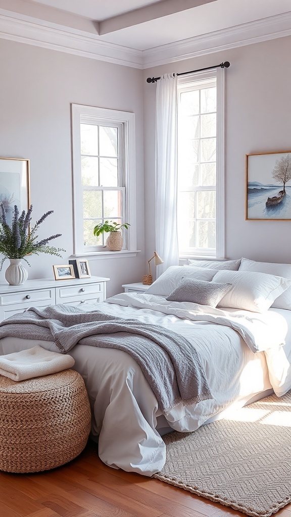 A serene lavender-themed bedroom with light gray walls, white bedding, and natural light.