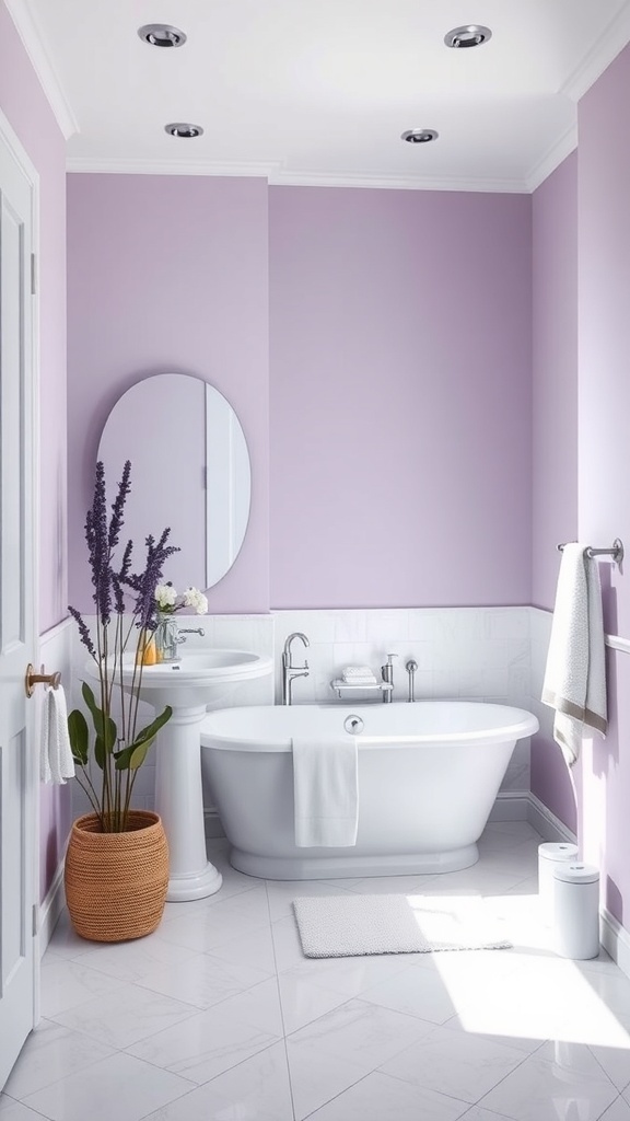 A modern bathroom featuring lavender walls, white fixtures, and a plant in a woven pot.