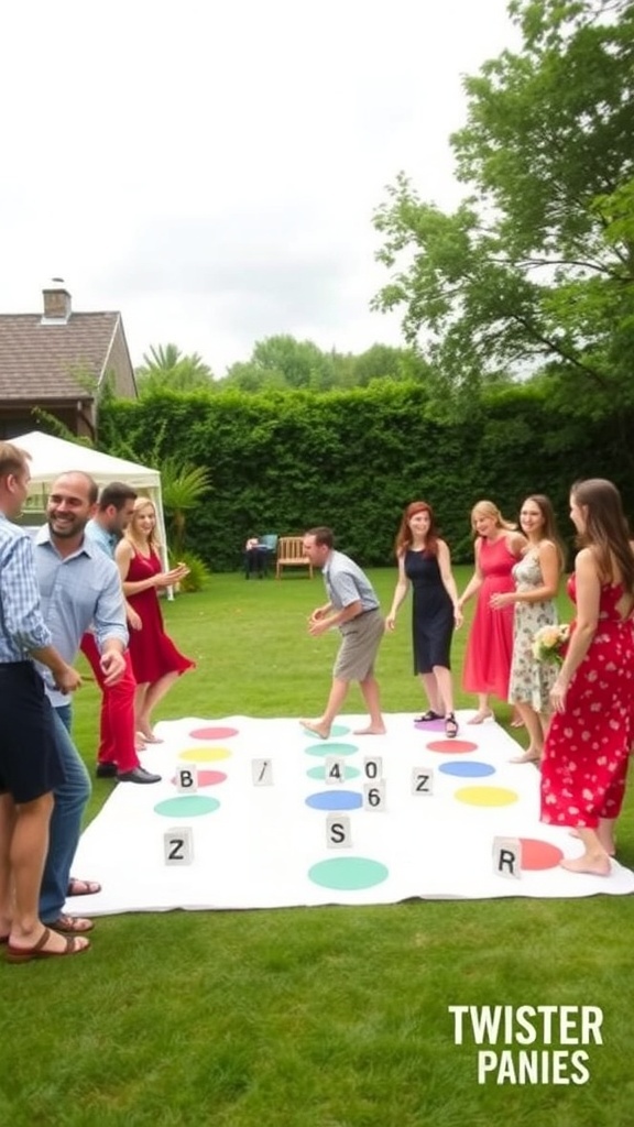 A group of guests playing a Lawn Twister game at a backyard wedding.