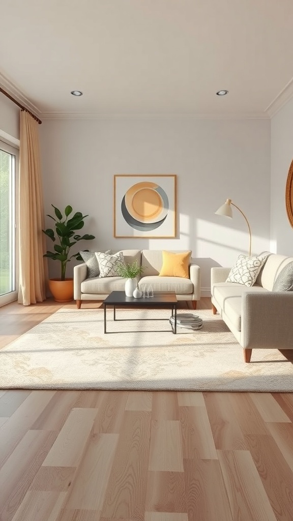 A cozy living room featuring layered area rugs, neutral furniture, and natural light.