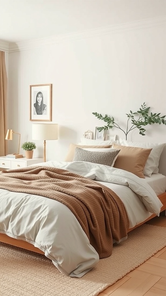 A neutral bedroom featuring layered bedding with a light gray duvet, a brown throw blanket, and various pillows, creating a cozy atmosphere.