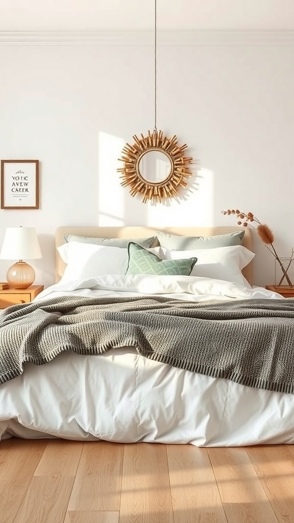 A cozy bedroom with layered bedding, featuring a white duvet, knitted gray blanket, and decorative pillows.