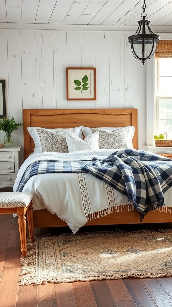 A vintage farmhouse bedroom featuring layered bedding with a white duvet, patterned throw pillows, and a navy checkered blanket.