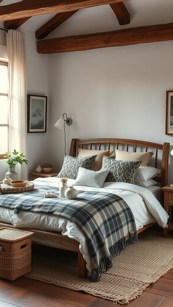 A rustic bedroom featuring layered bedding with a plaid throw, fluffy pillows, and natural wooden elements.