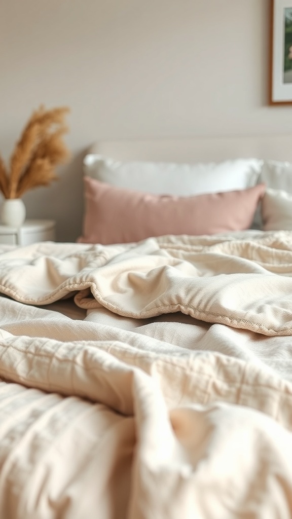 A cozy bedroom with layered bedding in soft neutral tones and decorative pillows.