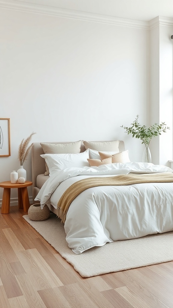 A minimalist bedroom featuring layered bedding with white linens and decorative pillows, creating a cozy and inviting atmosphere.