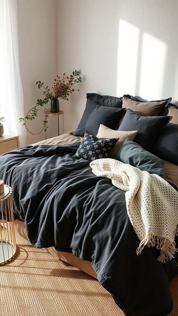 A dark romantic bedroom featuring layered bedding with dark duvet, light throw blanket, and decorative pillows.