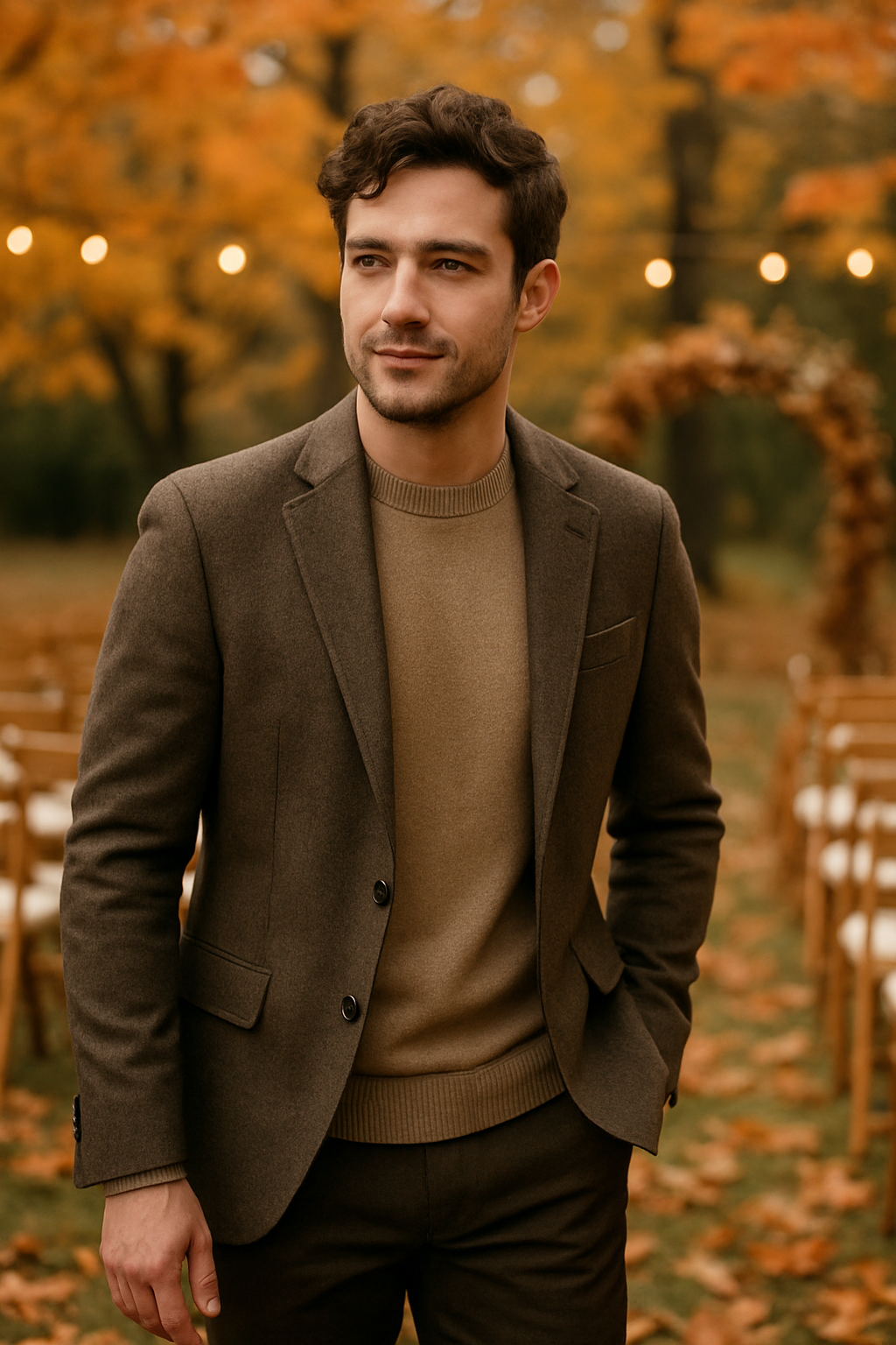 A man wearing a brown blazer and sweater, standing in an autumn setting with orange leaves.