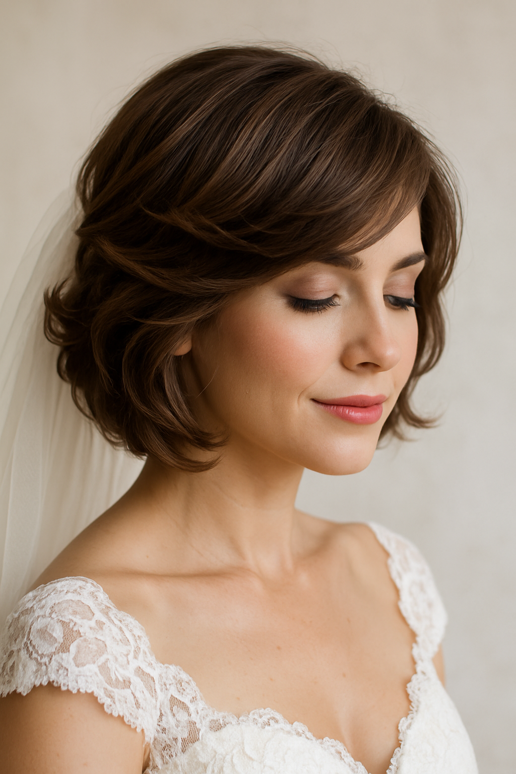 A bride with a layered bob hairstyle featuring soft waves, wearing a lace wedding dress.