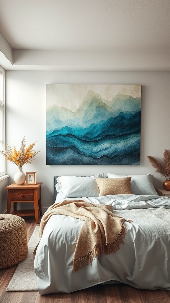 A cozy bedroom featuring a layered color wash artwork in blue and green tones, adding a serene atmosphere.