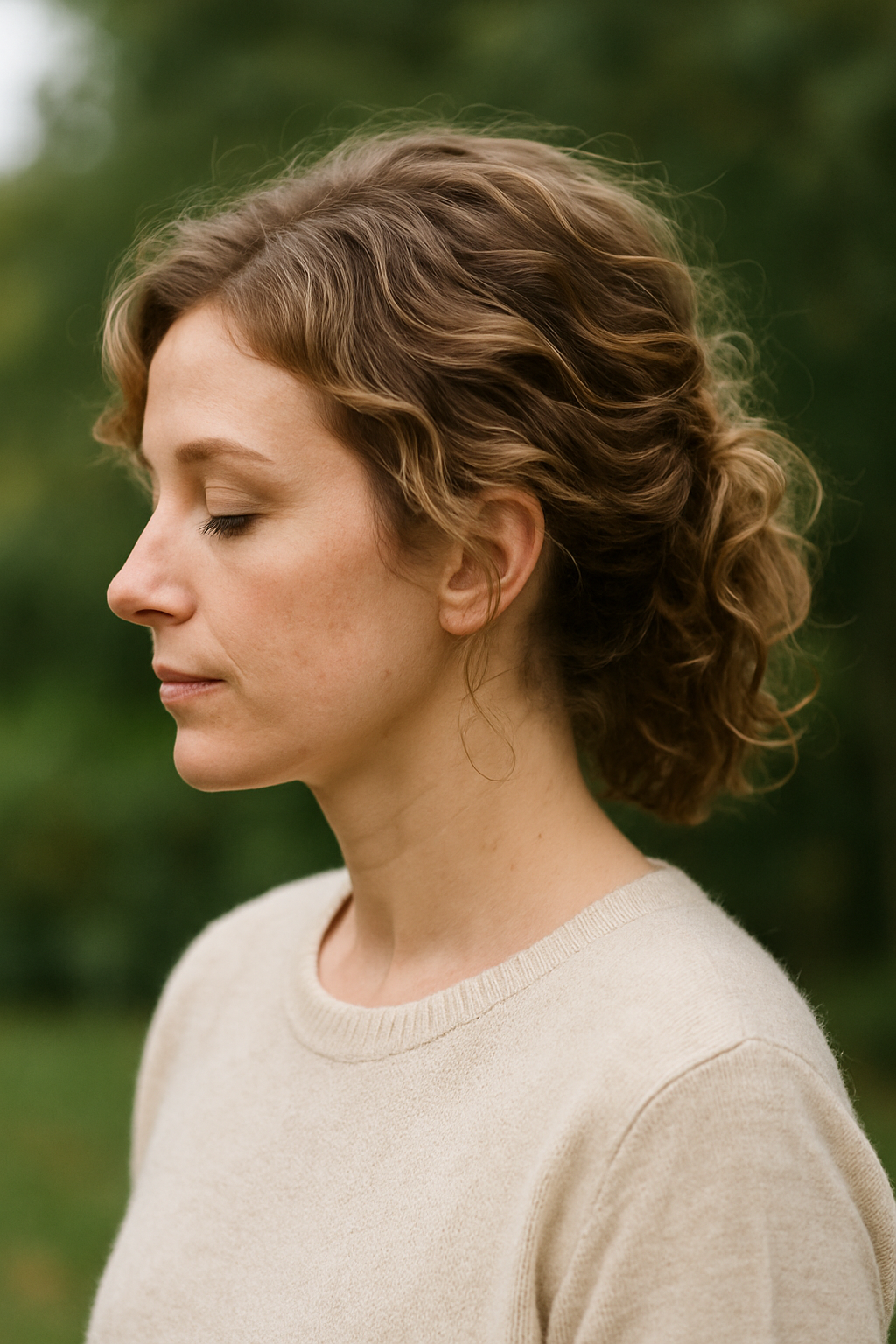 A woman with layered curly hairstyle, showcasing soft and defined curls.