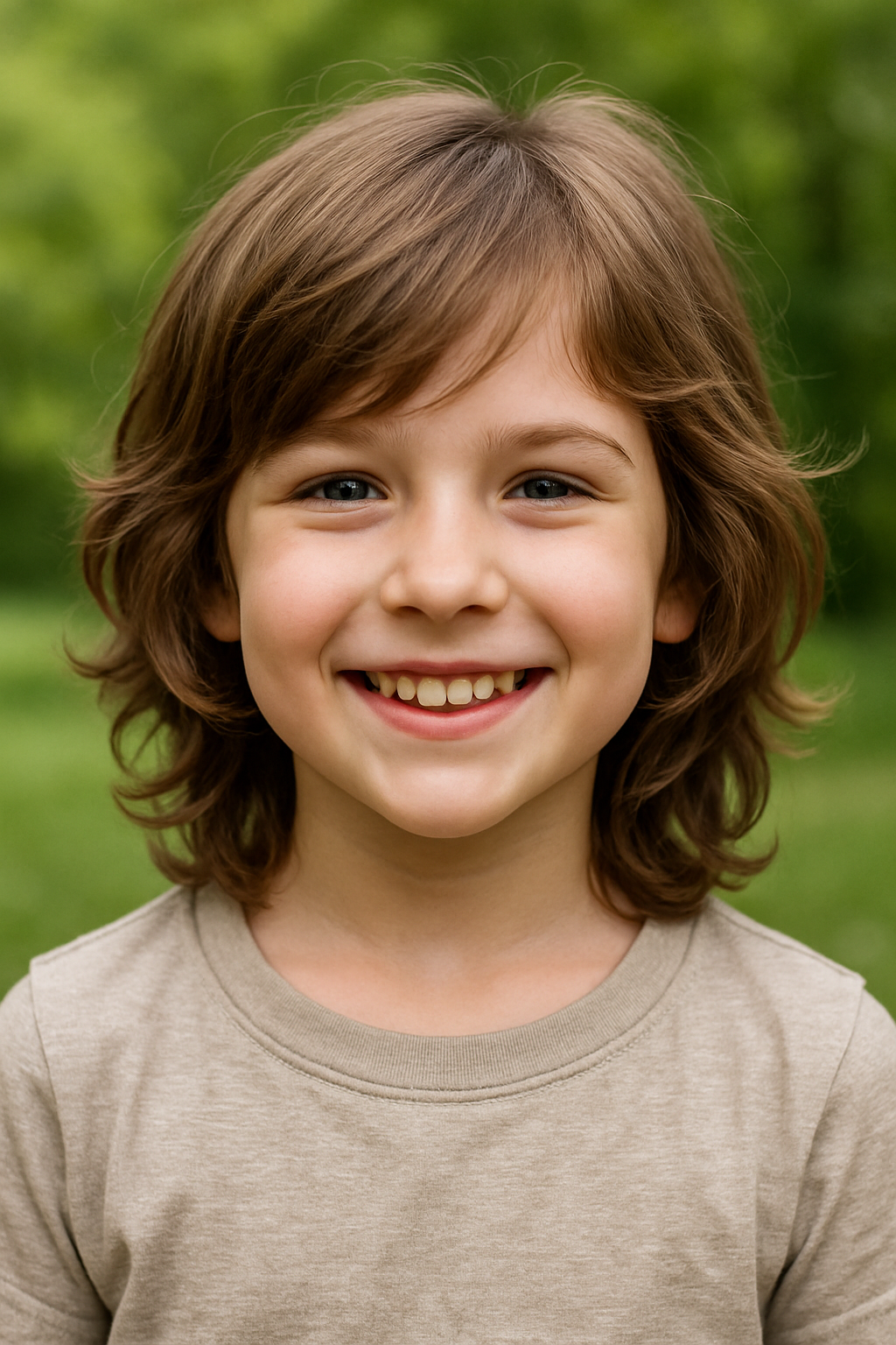 A child with a layered haircut and natural waves, smiling in a green outdoor setting.