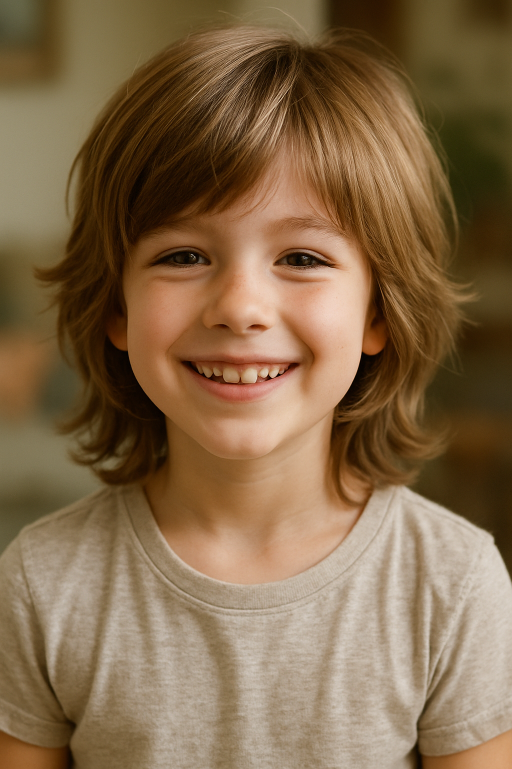 A smiling child with a layered haircut, showcasing a cheerful and playful style.