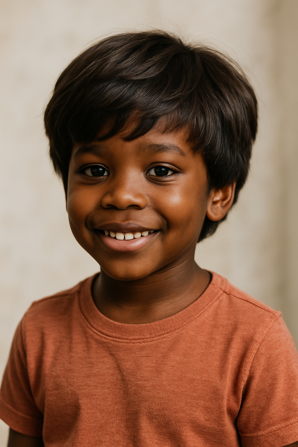 A young boy with a layered haircut, smiling at the camera