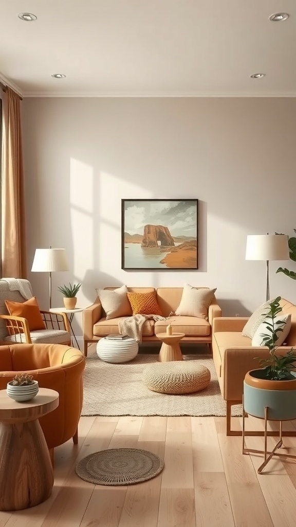 A cozy living room featuring layered earth tones with orange and beige furniture, a natural wood coffee table, and plants.