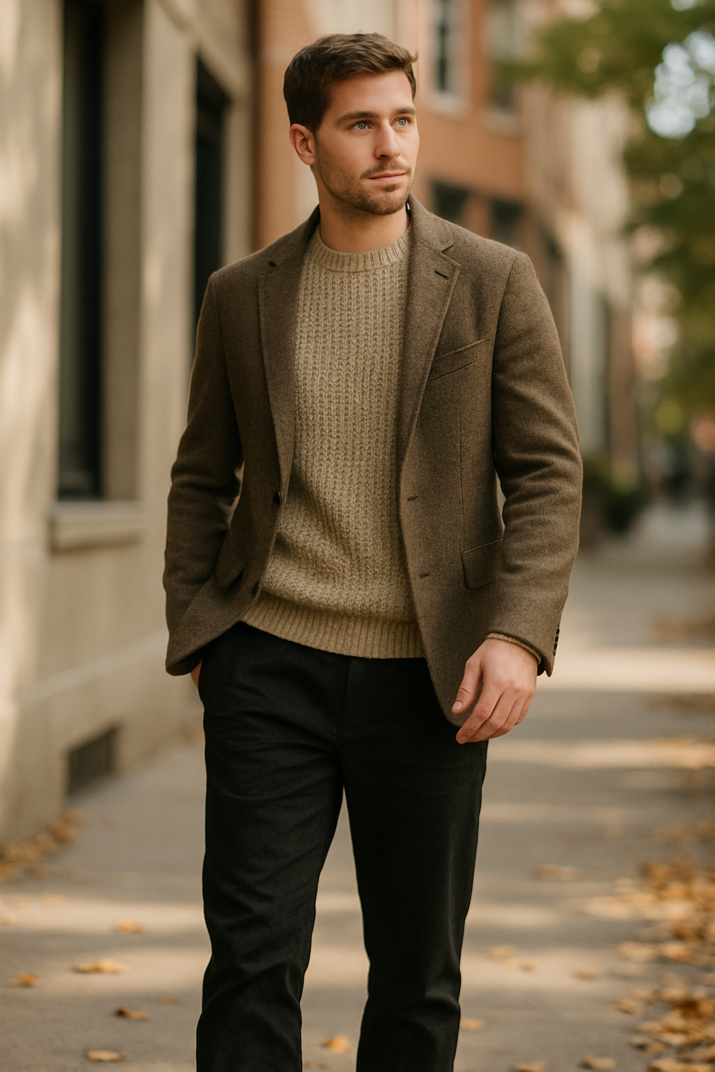 A man walking on a city street wearing black linen pants, a beige knit sweater, and a brown blazer, showcasing a layered fall outfit.