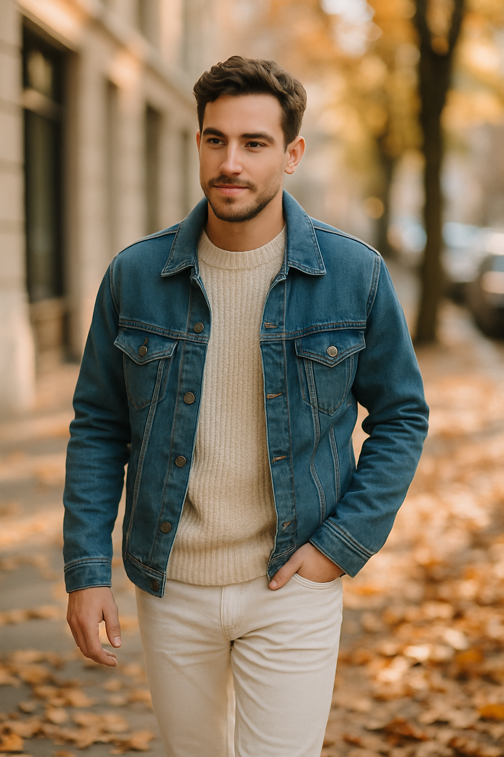 A man wearing white jeans, a cream sweater, and a denim jacket, walking on a leaf-covered street in fall.
