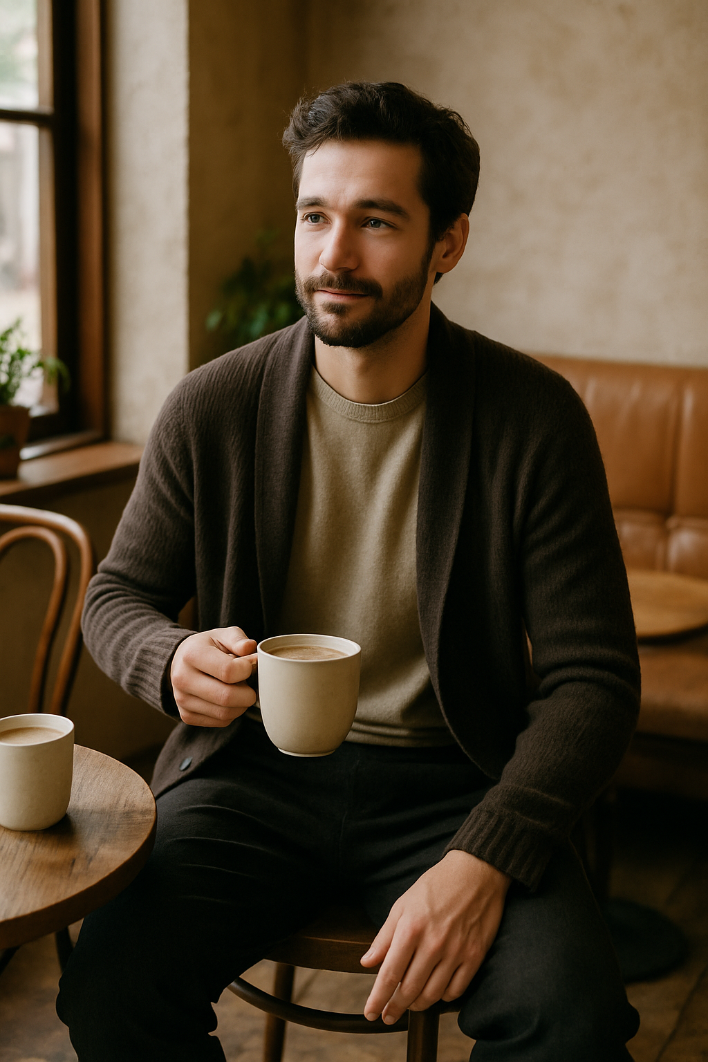 A man sitting at a café, wearing a long cardigan over a shirt and black linen pants, holding a cup of coffee.
