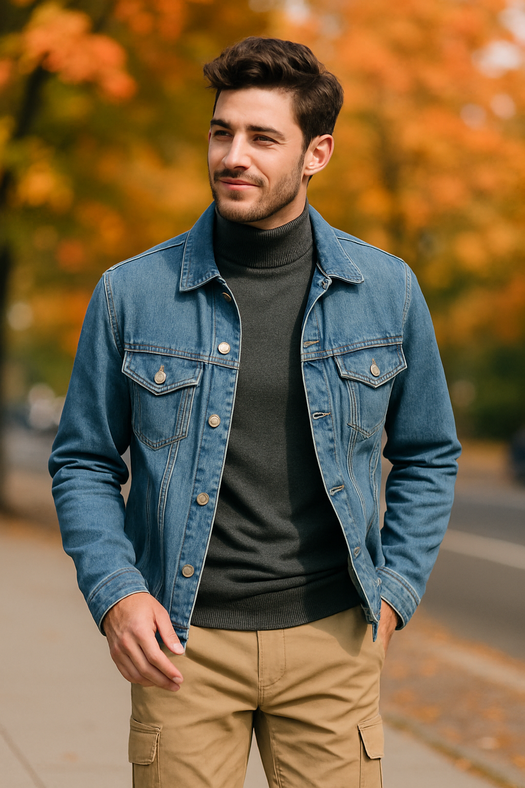 A man wearing beige cargo pants, a dark turtleneck, and a denim jacket, smiling outdoors with autumn foliage in the background.