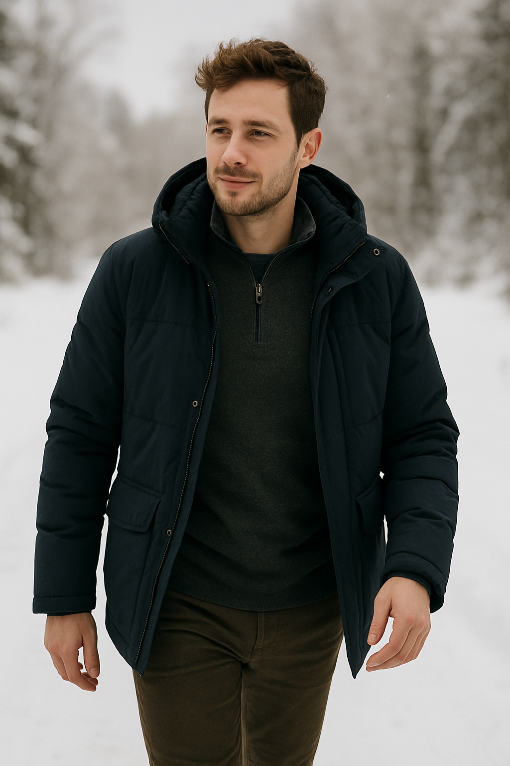 A man wearing a quarter zip sweater and a warm jacket in a snowy landscape.