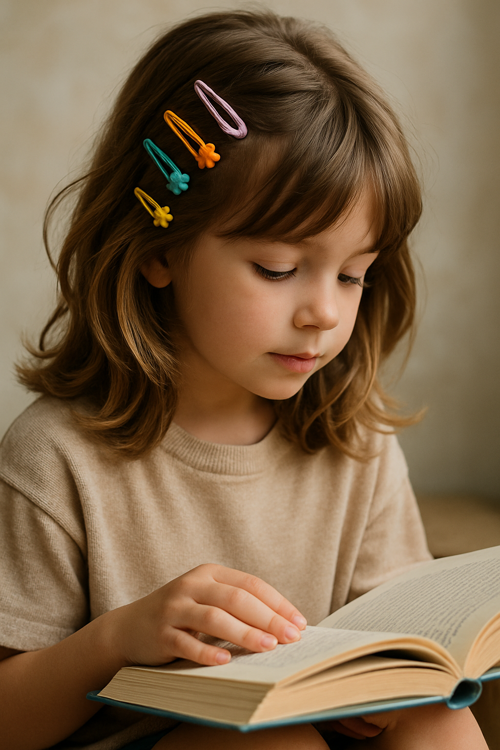 A child with layered hair and colorful hair clips, reading a book.