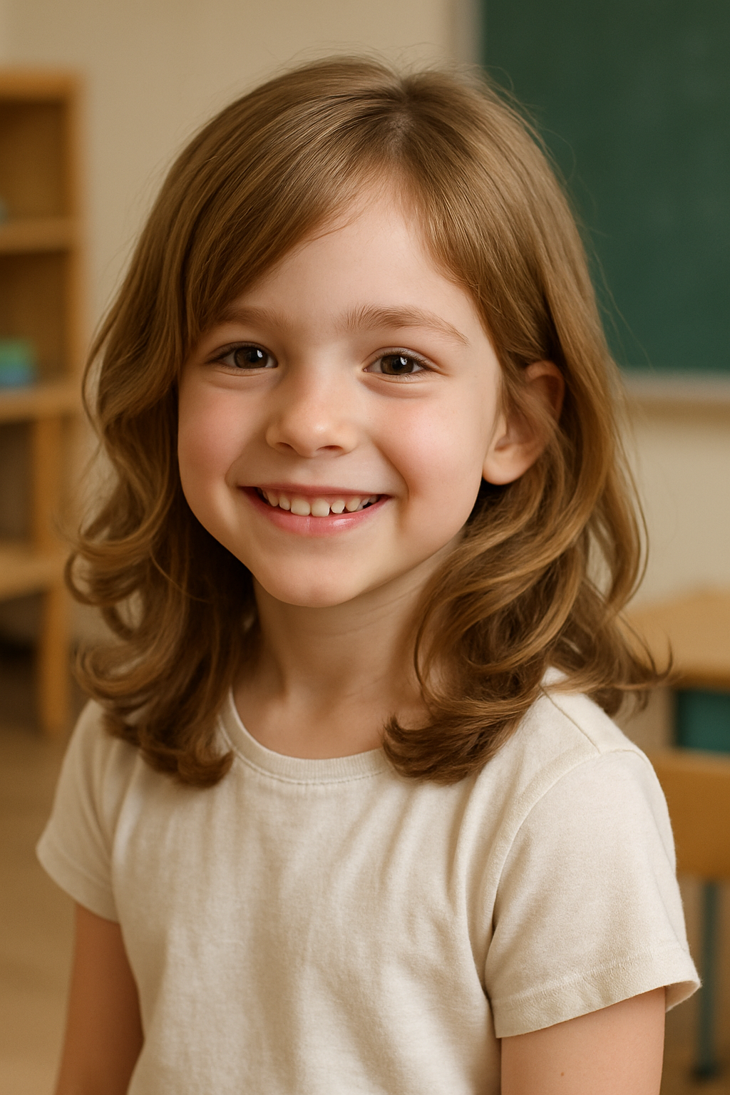 A young girl with layered hair and face-framing curls, smiling in a classroom setting.