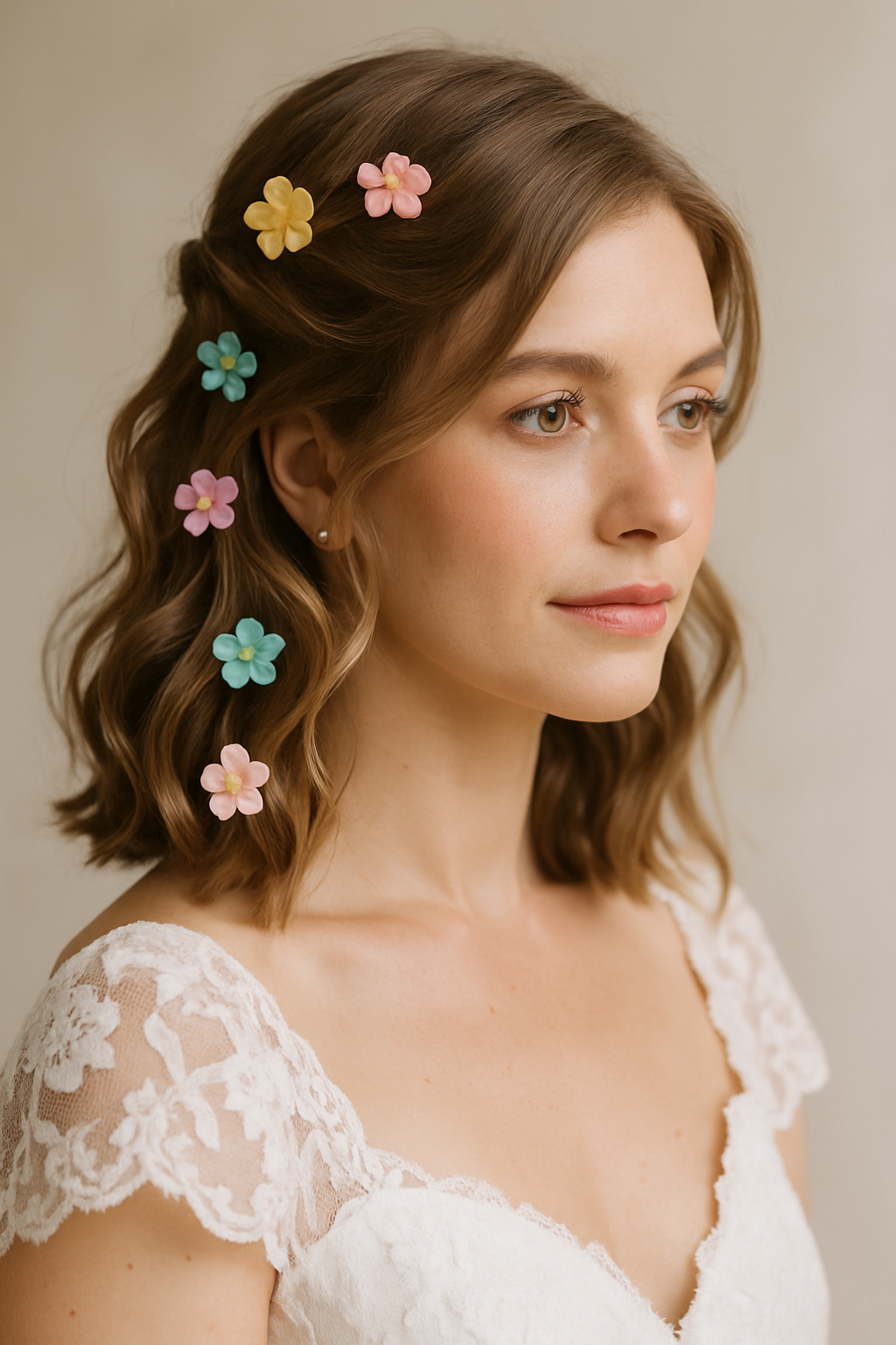 A woman with layered hair styled with colorful floral clips, showcasing a beautiful wedding hairstyle.